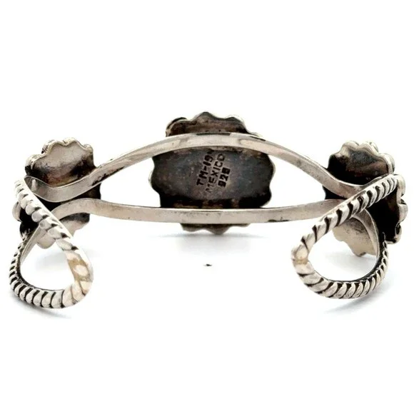 Designer Taxco 925 Sterling Silver Three Flower Design Rope Cuff Bracelet
